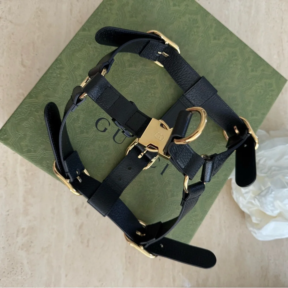 NWB Gucci GG Logo Leather Pet - Dog Black Harness Size L